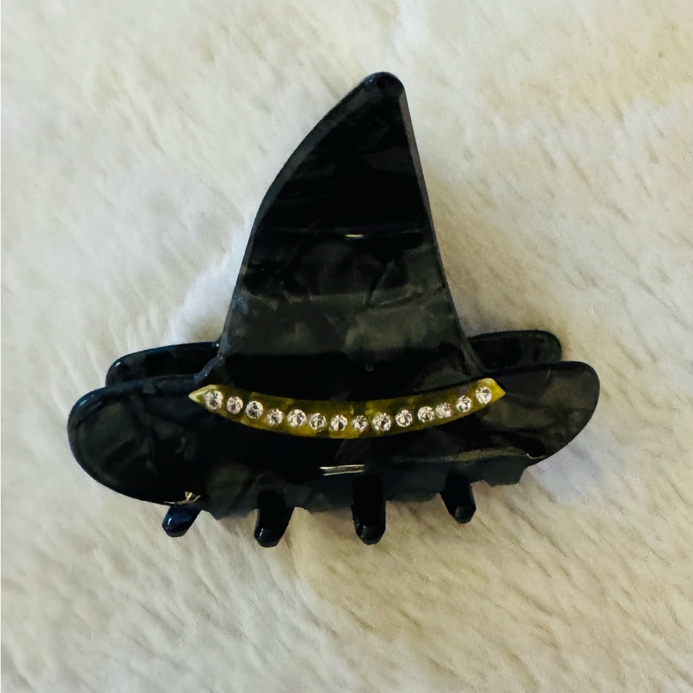 Black Witches Hat Hair Claw Clip with Rhinestone Detail